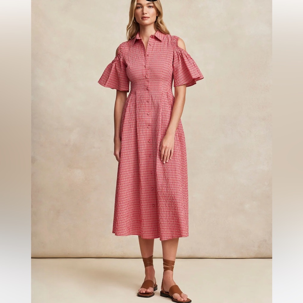 NWT Pearl by Lela Rose | Plaid Seersucker Brown & Blue Cold-Shoulder Dress